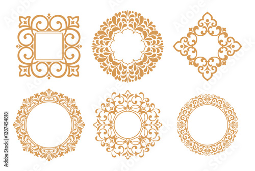 Set of decorative frames Elegant vector element for design in Eastern style, place for text. Floral golden and white borders. Lace illustration for invitations and greeting cards