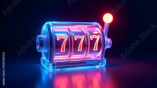 A glowing 3D glass slot machine with neon blue, pink, and orange hues on a dark background. Reflective and futuristic, symbolizing luck and gaming entertainment.