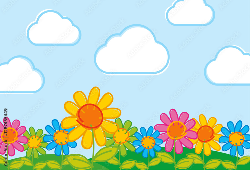 Colorful cute flowers with blue sky and white clouds background Colorful cute flowers with blue sky and white clouds background