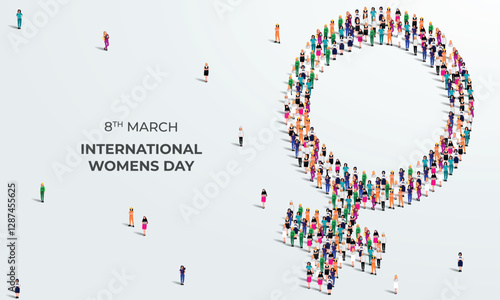 8th March happy international women's day concept. A large group of different professional Women form to create female sign. Feminism. Women’s equality and women's empowerment. Vector Illustration.