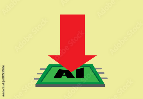 AI stock plunges down or AI use or supply decreases. Editable Clip Art.