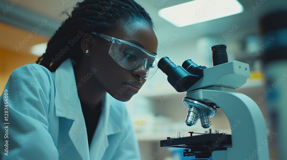 Young female scientist conducting research using a microscope in a modern laboratory, focused on scientific discovery, analysis, and innovation Young female scientist conducting research using a microscope in a modern laboratory, focused on scientific discovery, analysis, and innovation