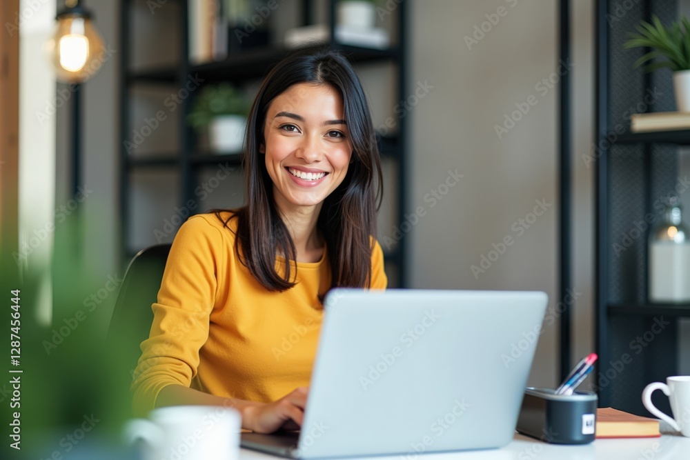 Fototapeta premium Smiling Young Asian Woman Working at a Modern Desk with Laptop in a Stylish Office Environment, Radiating Positivity and Focus