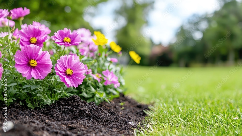 Obraz premium Vibrant pink flowers bloom in a garden bed next to a lush green lawn on a sunny day.