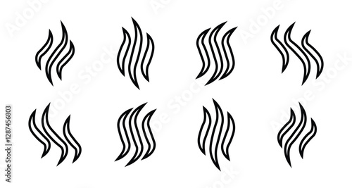 Aromas vaporize icons.Smoke, steam flat line icons set. Vector vapor, aroma, stink, odors symbols or fumes. Fragrances evaporate icons. Vector illustration
