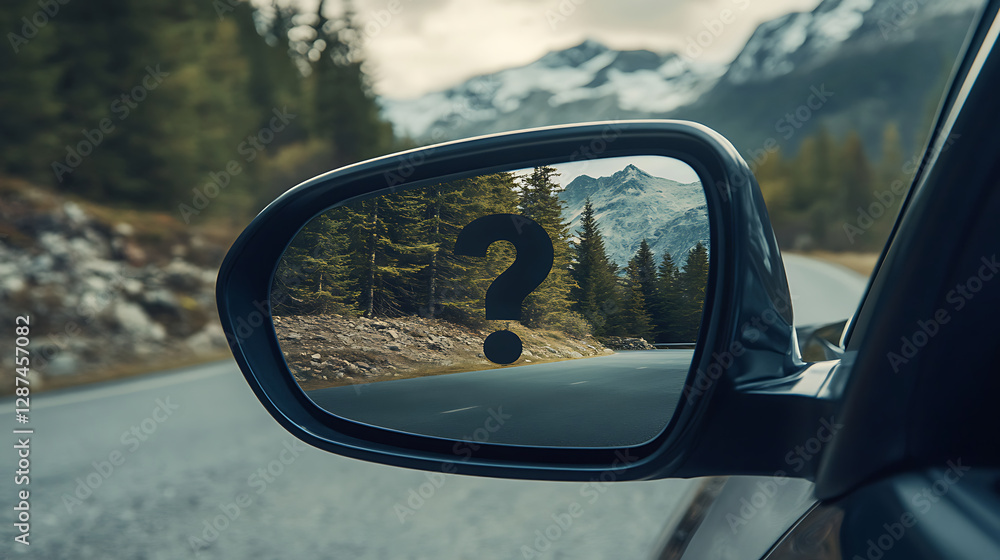 Question Mark Reflected In Car Side Mirror Showing Mountain Road Question Mark Reflected In Car Side Mirror Showing Mountain Road