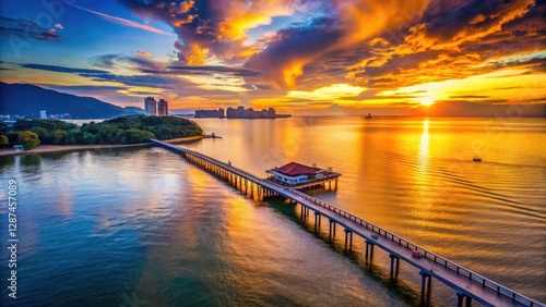 Kerachut Beach Jetty Sunset Penang Malaysia Aerial Photography Drone View Golden Hour photo