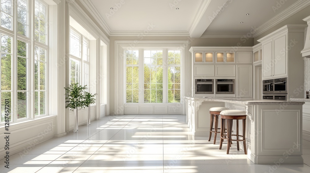 Fototapeta premium Bright white kitchen with large windows and island seating