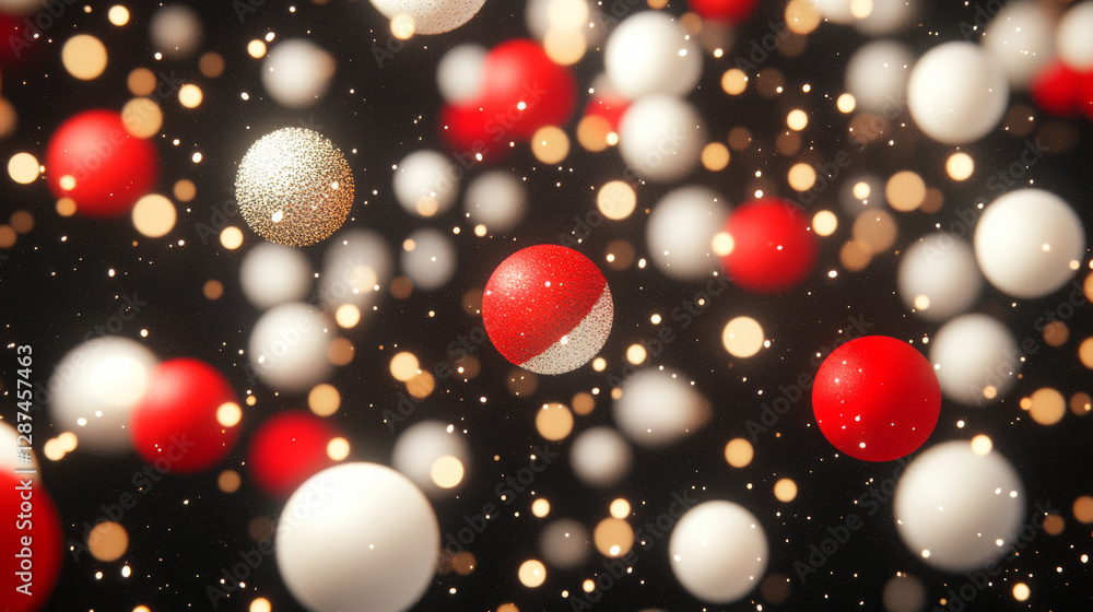 Festive red, white, and gold spheres float in magical background Festive red, white, and gold spheres float in magical background