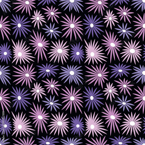 Floral Print with Purple Pink Flowers. Seamless Pattern with Chamomile Flowers on Black Background. Summer Flowers. Sample can be used for Fabric, Cover, Mugs, Wrapping Paper. Vector Illustration