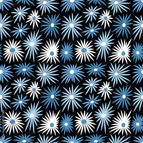 Floral Print with Blue White Flowers. Seamless Pattern with Chamomile Flowers on Black Background. Summer Flowers. Sample can be used for Fabric, Cover, Mugs, Wrapping Paper. Vector Illustration