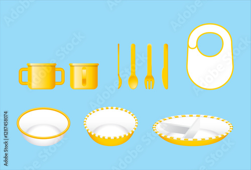 Bright Baby Feeding Tableware Set with light blue background. 