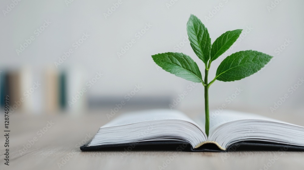 Growth Mindset concept. Young Sapling Growing from a Book Symbolizing Knowledge and New Beginnings Growth Mindset concept. Young Sapling Growing from a Book Symbolizing Knowledge and New Beginnings