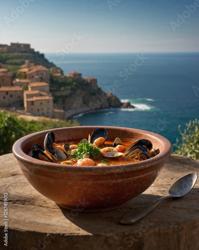 A rich and flavorful Cacciucco, the traditional Tuscan seafood stew, served in a rustic clay bowl. 