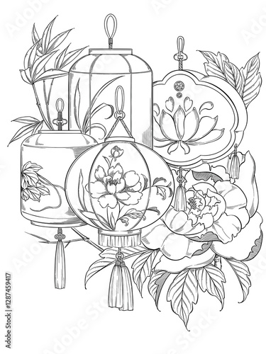 Lanterns and flowers illustration. Beautiful Chinese-style lantern with patterns, black and white, digital art.