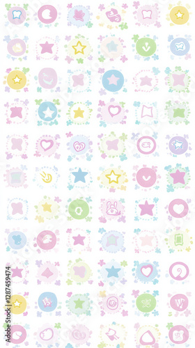 Colorful background with simple shapes and playful icons in pastel tones