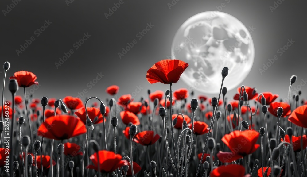 Obraz premium A striking monochromatic landscape is punctuated by vibrant red poppies, creating a powerful visual contrast. The scene is set against a backdrop of a large, luminous moon