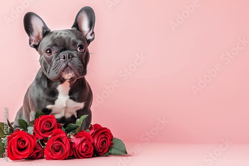 Obraz na płótnie A charming French Bulldog sitting gracefully next to a bouquet of red roses placed on a plain pastel pink background. Banner concept for March 8, Mother's Day, February 14. w salonie