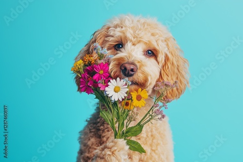 Obraz na płótnie Close-up of a Labradoodle holding a bright bouquet of wildflowers in its mouth on a monochrome pastel blue background. Banner concept for March 8, Mother's Day, February 14. w salonie