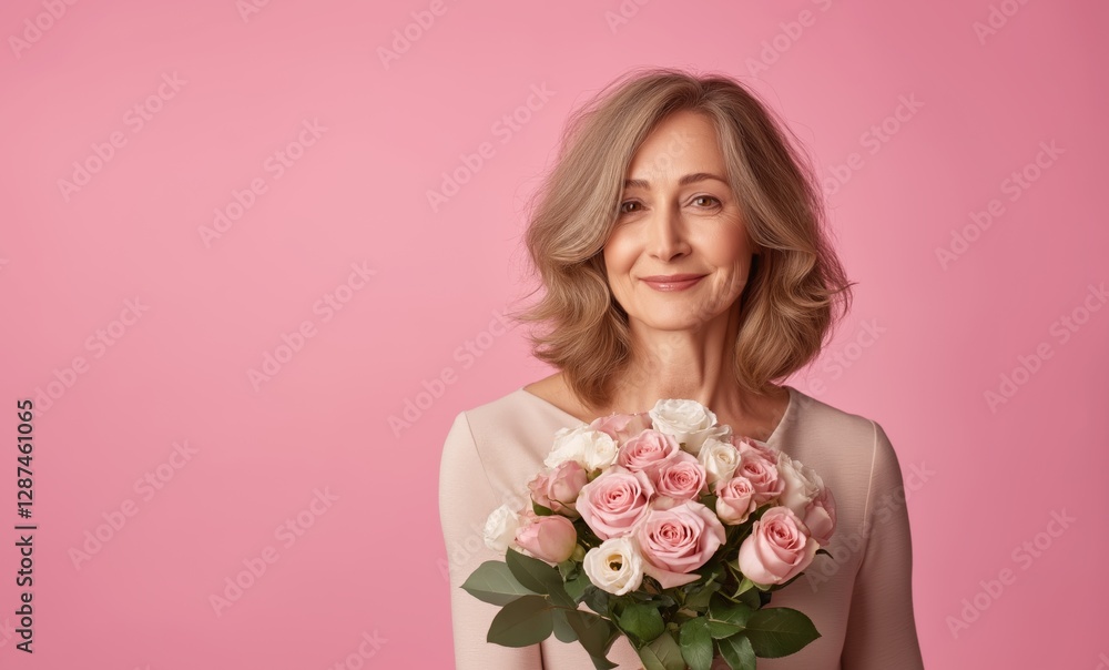 A middle-aged woman with shoulder-length wavy blonde hair, smiling tenderly, holds a bouquet of fresh pink and white roses in her hands. Banner concept for March 8, Mother's Day, February 14. A middle-aged woman with shoulder-length wavy blonde hair, smiling tenderly, holds a bouquet of fresh pink and white roses in her hands. Banner concept for March 8, Mother's Day, February 14.
