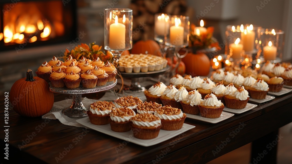 Naklejka premium Elegant Thanksgiving dessert table with caramel apple crisp centerpiece, warm tones, pumpkin accents, dim warm lighting enhancing the ambiance