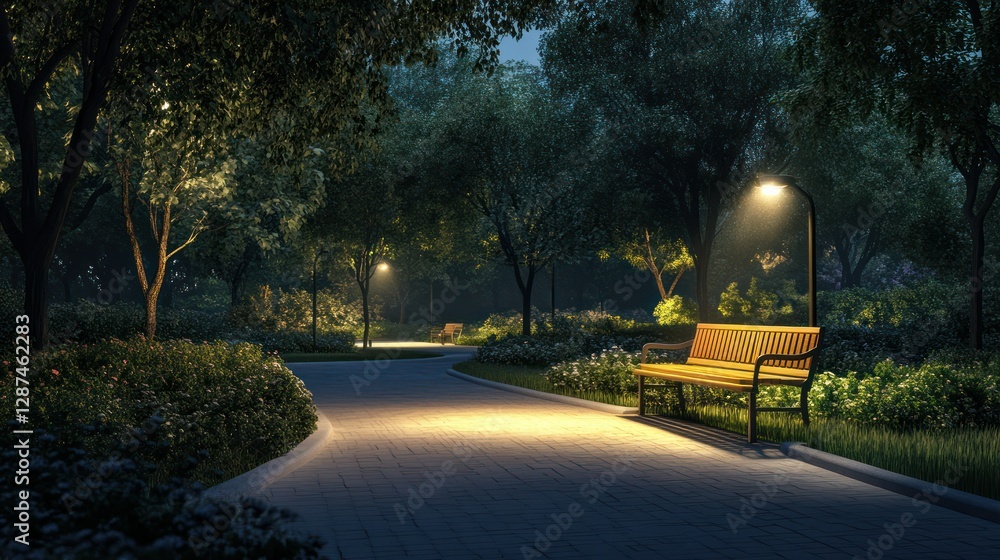 Obraz premium Night park bench, path, tranquil scene