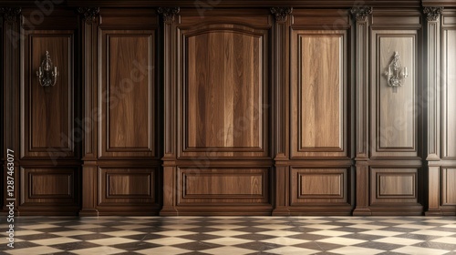Dark wood wall, checkered floor, sunlight