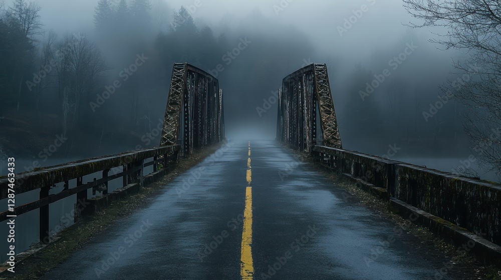 Naklejka premium Foggy Bridge Road, Forest, Mystery