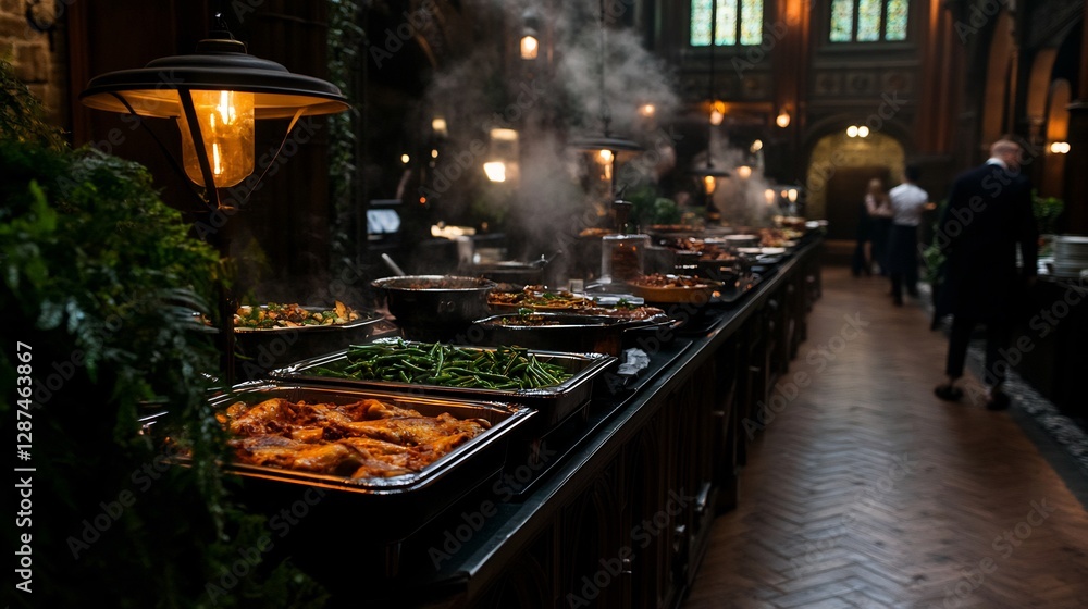 Fototapeta premium Exquisite culinary spread at a sophisticated buffet with steaming dishes