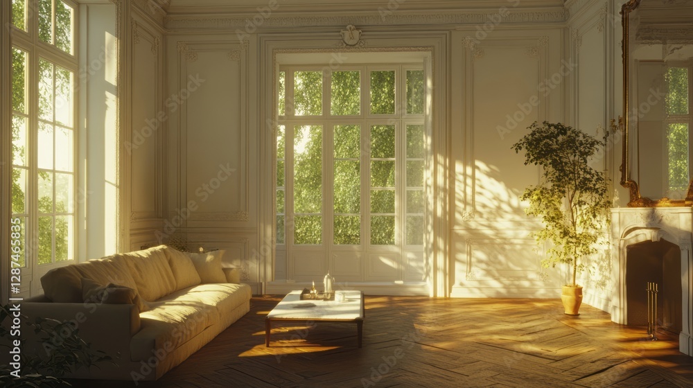 Fototapeta premium Bright living room showcases sunlight streaming through large windows