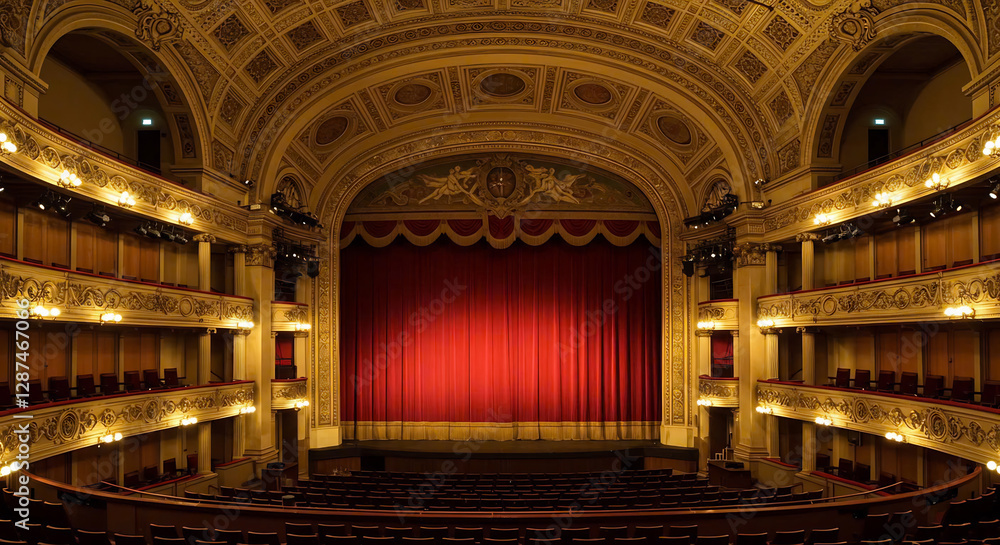 Fototapeta premium Ornate Gold Theater Interior with Red Velvet Curtain