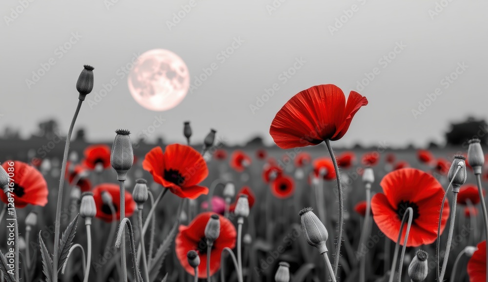 Obraz premium A striking monochromatic landscape is punctuated by vibrant red poppies, creating a powerful visual contrast. The scene is set against a backdrop of a large, luminous moon