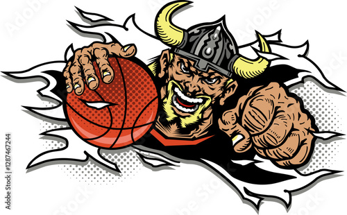 viking mascot with basketball ripping from the background for school, college or league sports