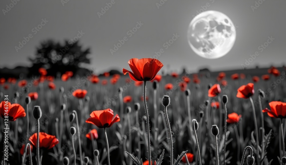 Obraz premium A striking monochromatic landscape is punctuated by vibrant red poppies, creating a powerful visual contrast. The scene is set against a backdrop of a large, luminous moon