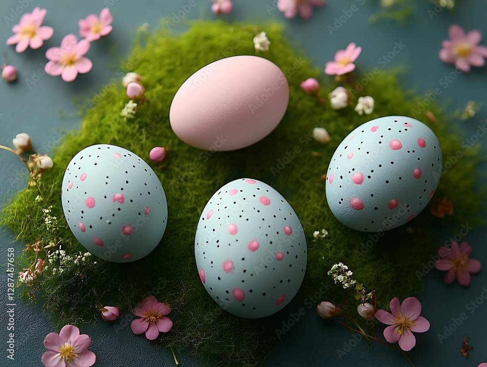 Fototapeta premium Easter Eggs on Moss, Flowers, Pastel Colors