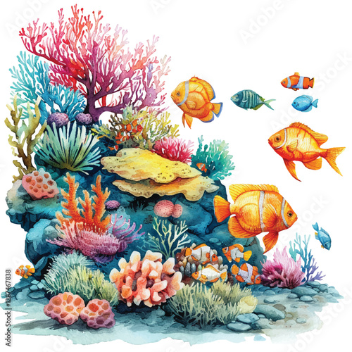 A vibrant coral reef teeming with fish cartoon style watercolor