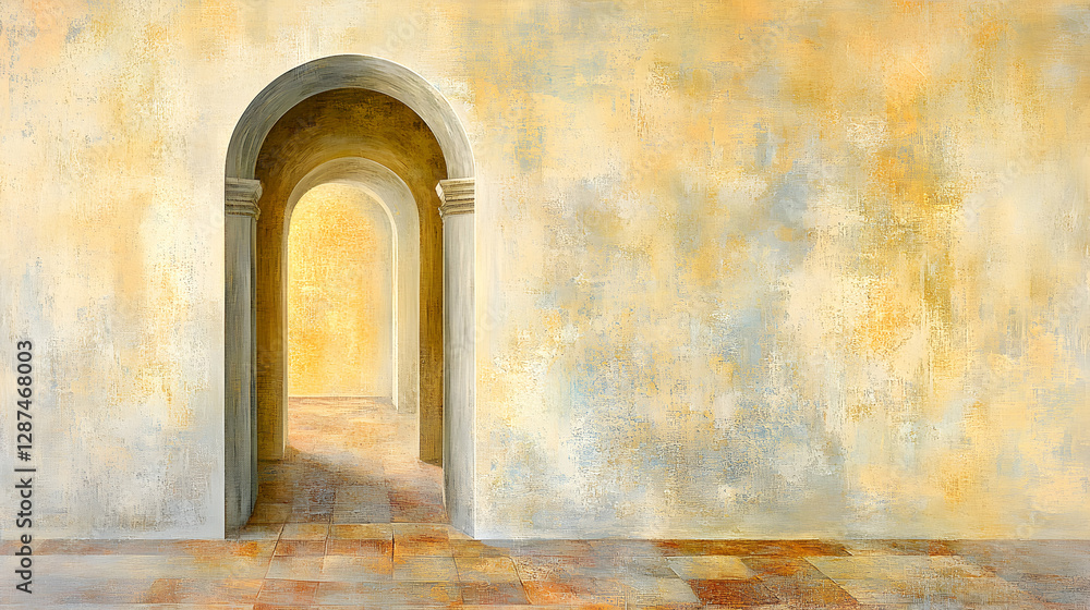 Fototapeta premium Serene arched hallway, textured walls, warm light, inviting passageway. Ideal for background, design, or meditation themes.