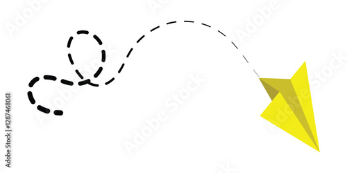 Paper plane with dotted line. Travel symbol. Origami paper airplane, isolated vector illustration.  Outline flying planes with dotted track direction. Black linear paper plane icon in eps 10.