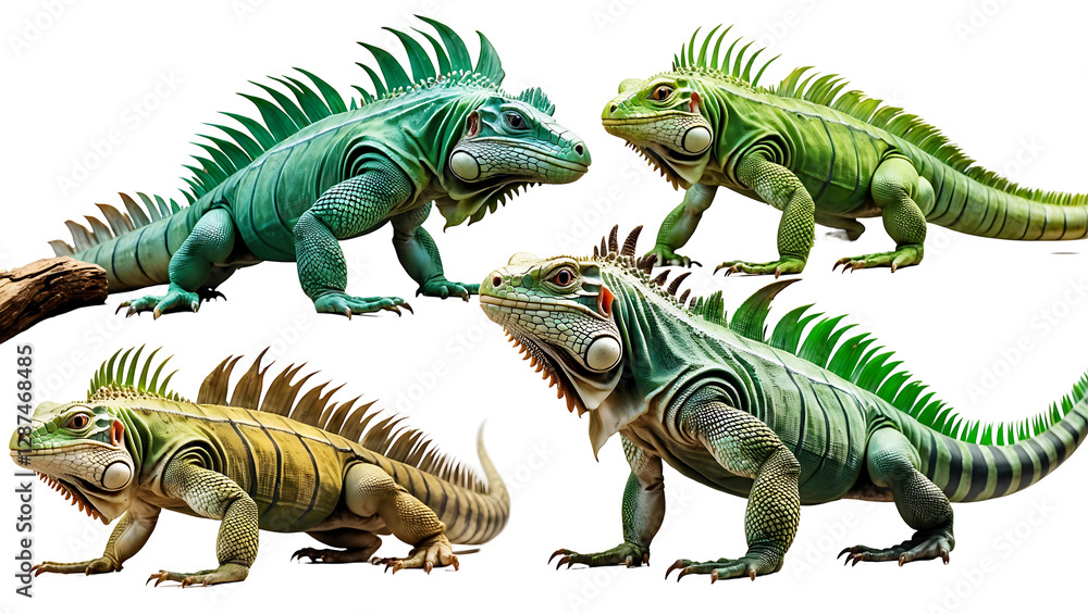 Obraz premium Collection of iguanas in multiple poses with realistic textures, isolated reptile elements for nature-themed designs and projects