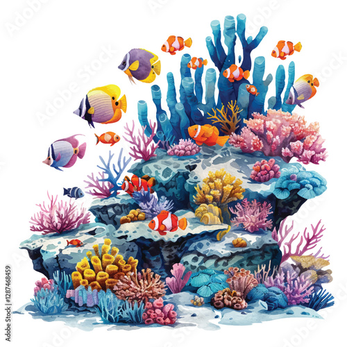 A vibrant coral reef teeming with fish cartoon style watercolor