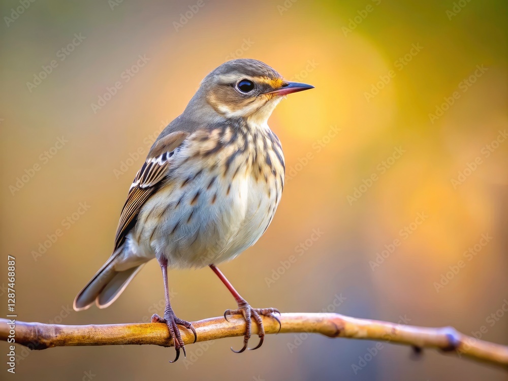 Fototapeta premium Minimalist Water Pipit Bird Photography: Small Branch, Simple Background, Nature