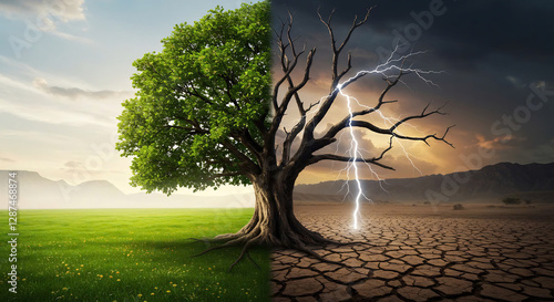 A Divided Tree Lush Green Foliage Versus Barren, Cracked Earth and Lightning