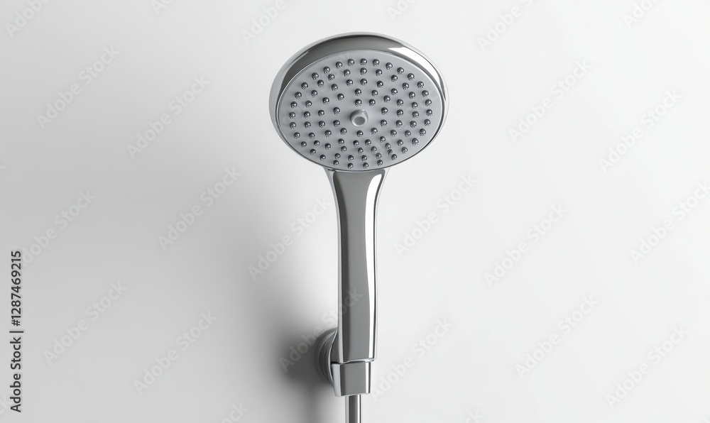 Chrome shower head on white bathroom wall, ready for use Chrome shower head on white bathroom wall, ready for use
