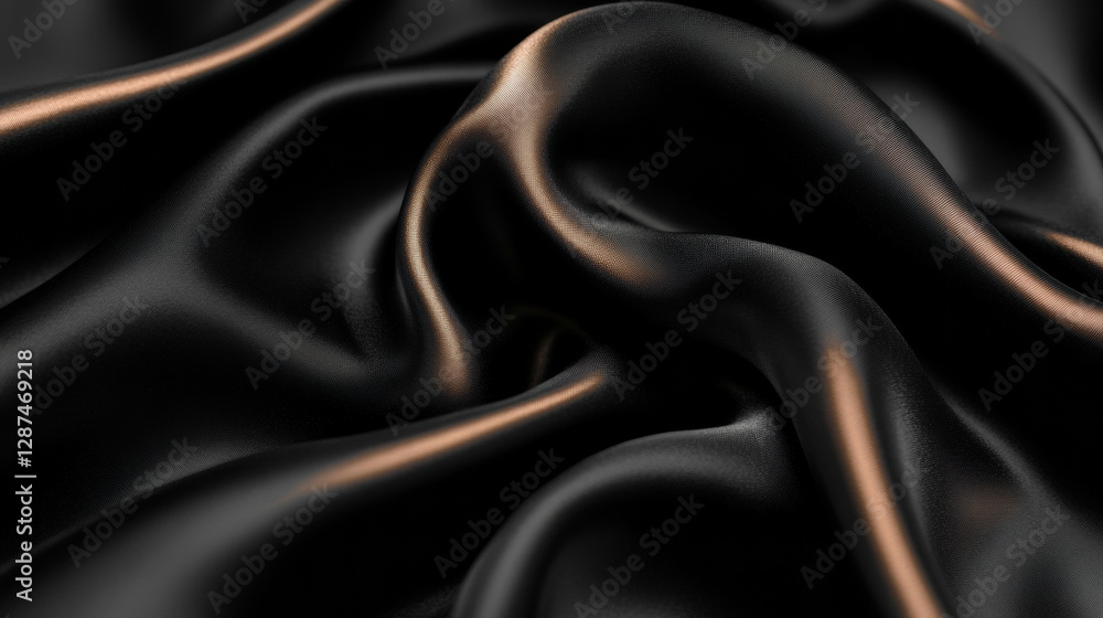 Obraz premium Sleek black silk texture with soft gold highlights, ultra smooth and flowing fabric, perfect for high end luxury design and branding. minimal yet sophisticated look enhances any product mockup