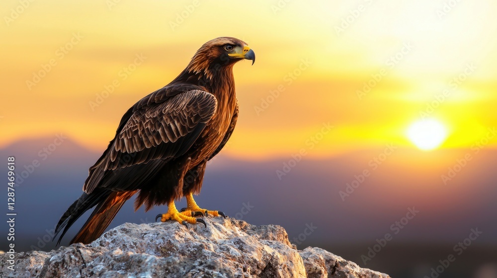 Fototapeta premium Majestic golden eagle perched atop rocky peak against a vibrant sunset sky in a wilderness landscape serene and powerful
