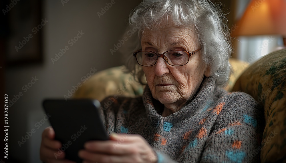 Elderly Woman Reading E-Reader at Home Elderly Woman Reading E-Reader at Home