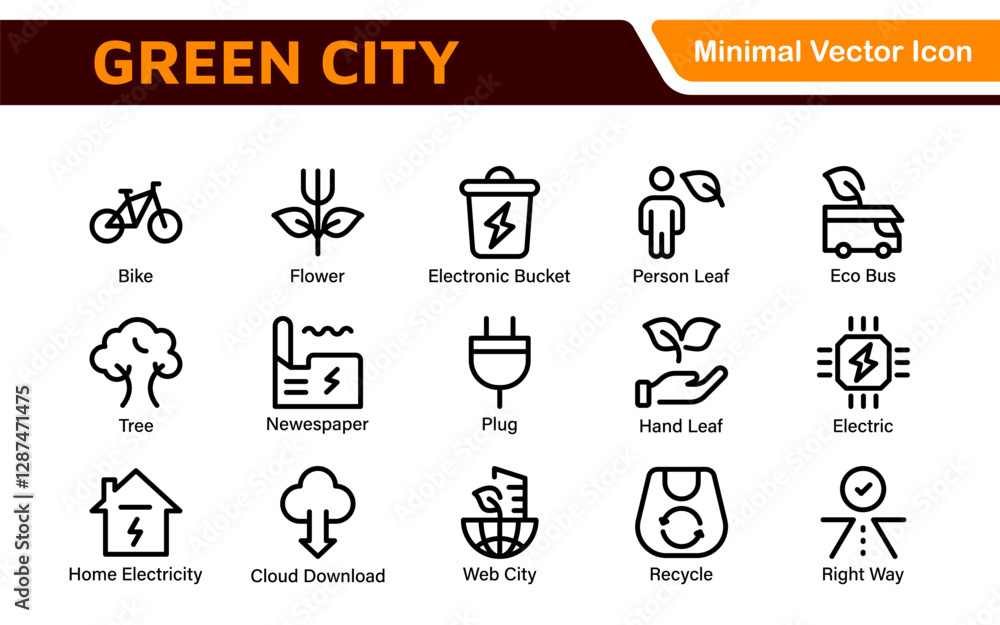 Fototapeta premium Line icons about green city. Sustainable development. Contains such icons as renewable energy, autonomous building, air and water quality.