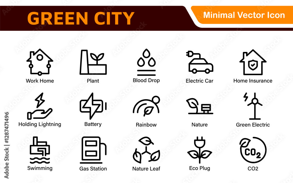 Obraz premium Line icons about green city. Sustainable development. Contains such icons as renewable energy, autonomous building, air and water quality.