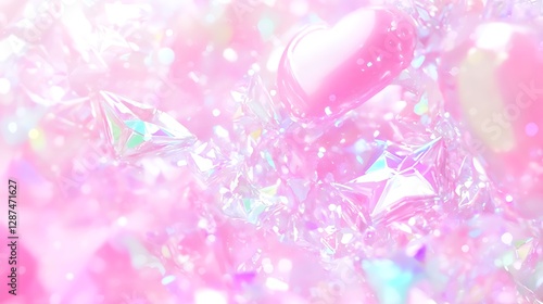 Colorful Sparkling Gems and Hearts on a Soft Pink Background