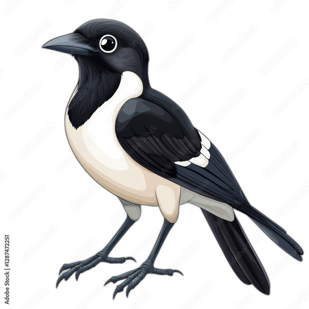 Fototapeta premium A striking black-billed magpie in stunning detail, facing left on a transparent background. Its contrasting black and white feathers blend with a creamy body and sleek black tail, capturing natural el